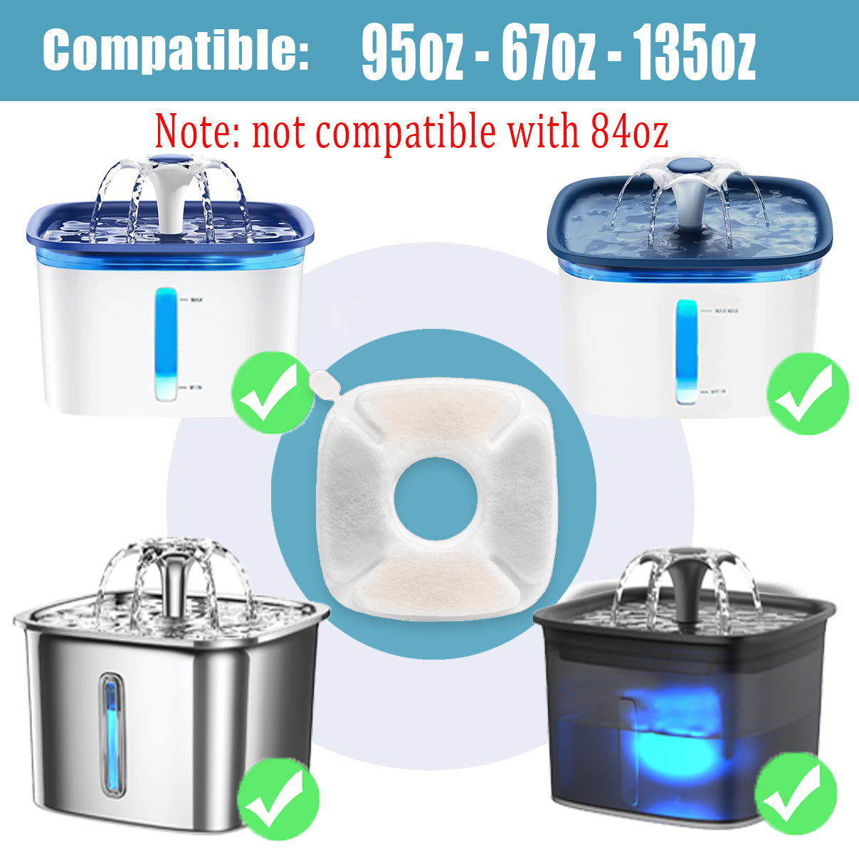 34Pcs Cat Water Fountain Replacement Filters Compatible with VEKEN® 95oz/2.8L Automatic Dog Water Dispenser(16 Carbon Filters+16 Pre-Filter Sponges+2 Cleaning Brushes)