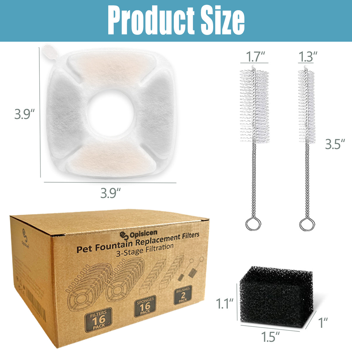 34Pcs Cat Water Fountain Replacement Filters Compatible with VEKEN® 95oz/2.8L Automatic Dog Water Dispenser(16 Carbon Filters+16 Pre-Filter Sponges+2 Cleaning Brushes)