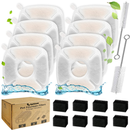18Pcs Cat Water Fountain Replacement Filters Compatible with VEKEN® 95oz/2.8L Automatic Dog Water Dispenser(8 Carbon Filters+8 Pre-Filter Sponges+2 Cleaning Brushes)